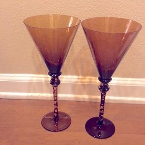 Hand Blown Set of 2 Very Tall 14” Martini Glasses Amber & Brown Gold Specs